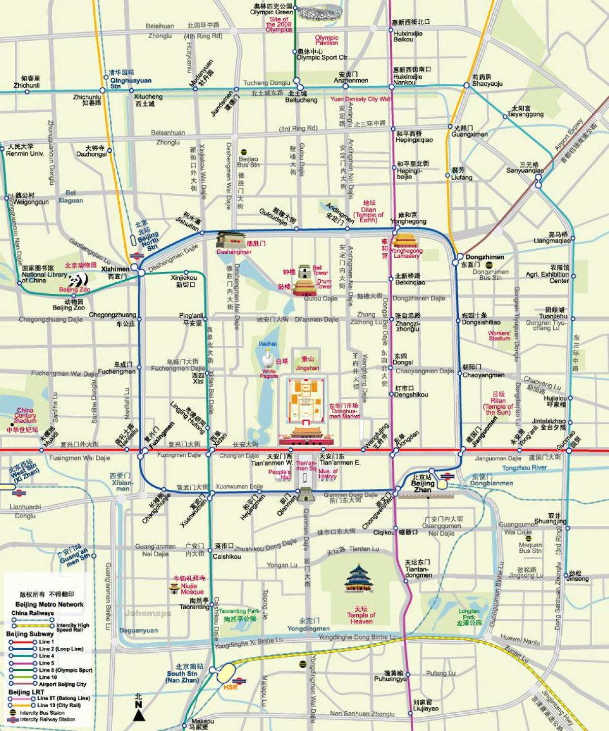 peta dari peta kereta bawah tanah Beijing dengan tempat wisata